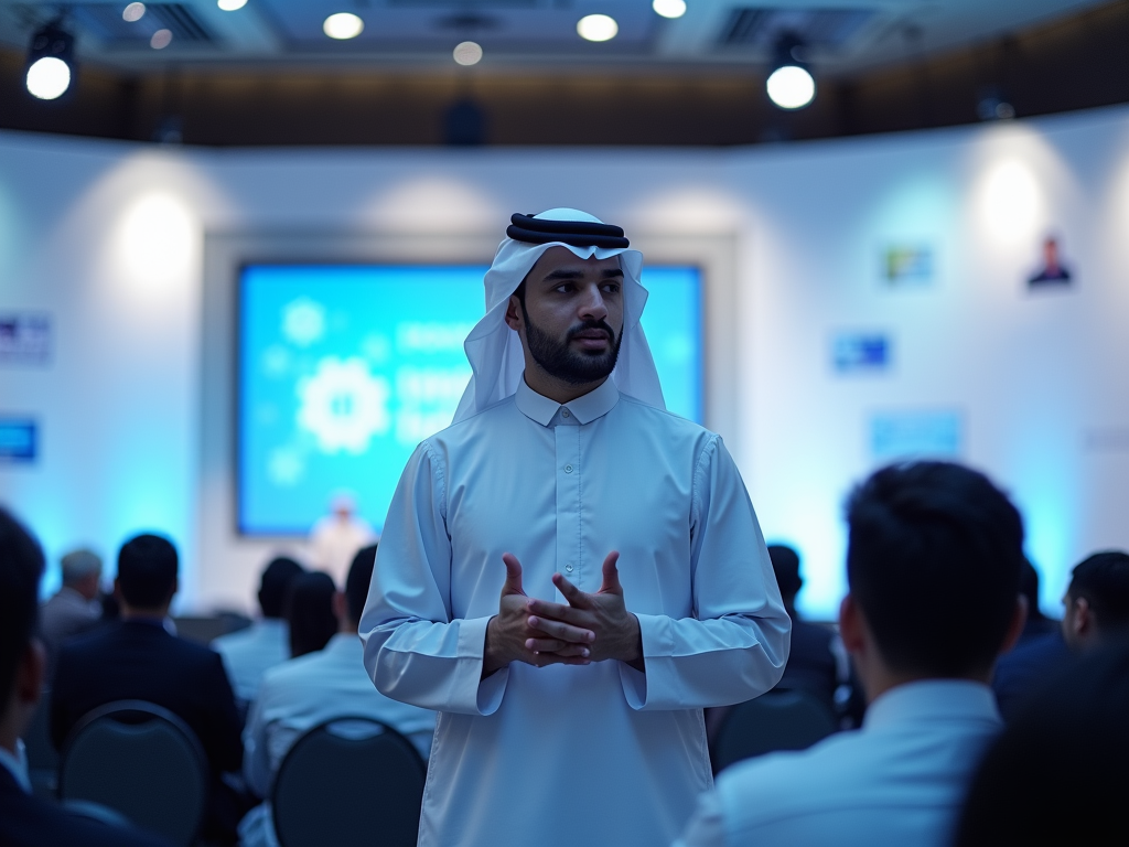 Man in traditional attire speaking at a conference with attendees listening in background.