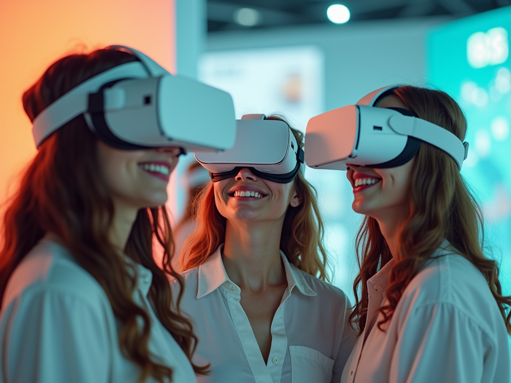 Three women wearing virtual reality headsets smile and engage with each other in a vibrant tech environment.