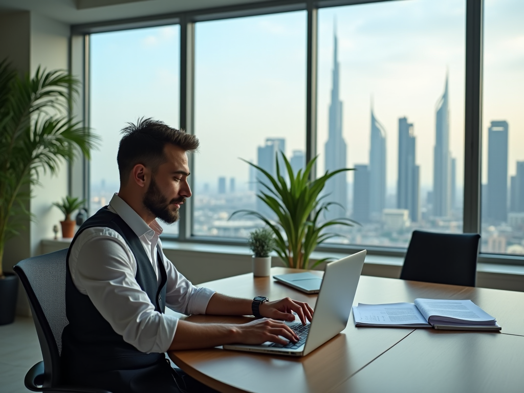 Man working on laptop in office with city skyline views through large window.