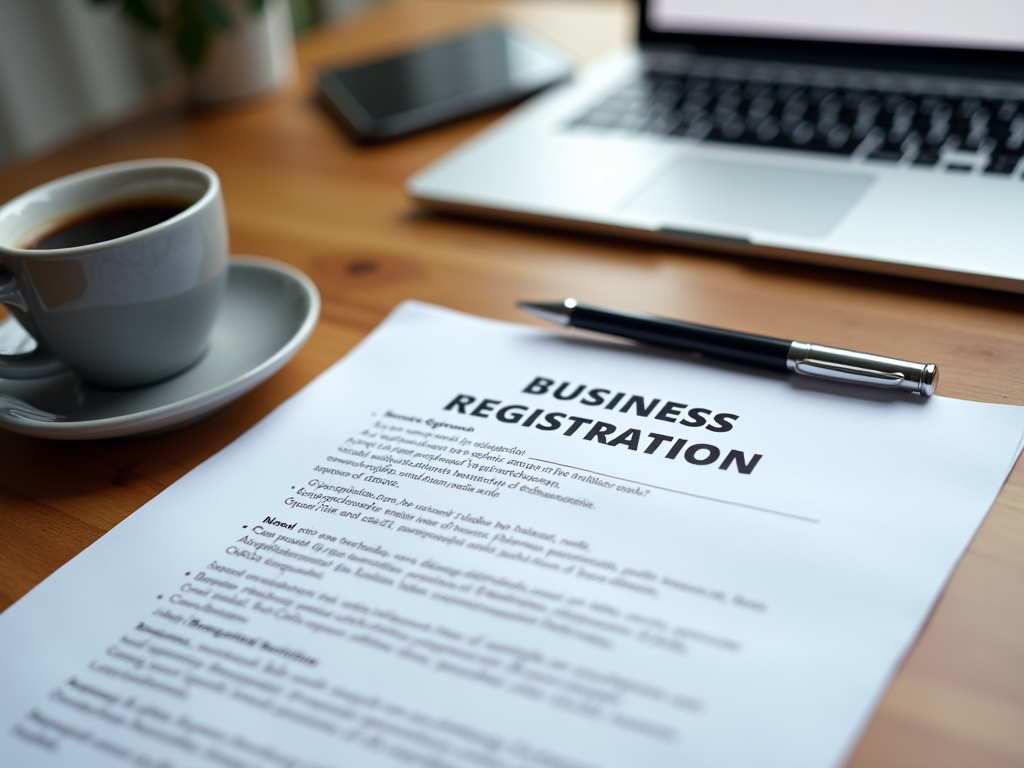 Document titled "BUSINESS REGISTRATION" on a desk with a pen, coffee cup, and laptop in background.