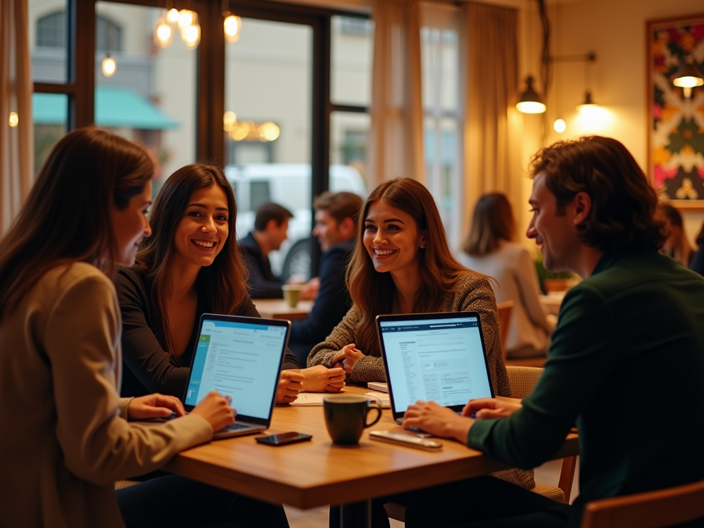 Four young professionals collaborate at a café table, engaged with laptops and sharing smiles.