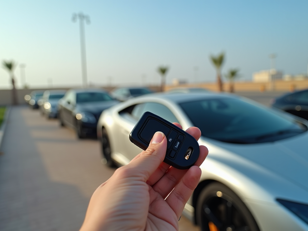 Hand holding a car key fob with a blurry row of parked luxury cars in the background.