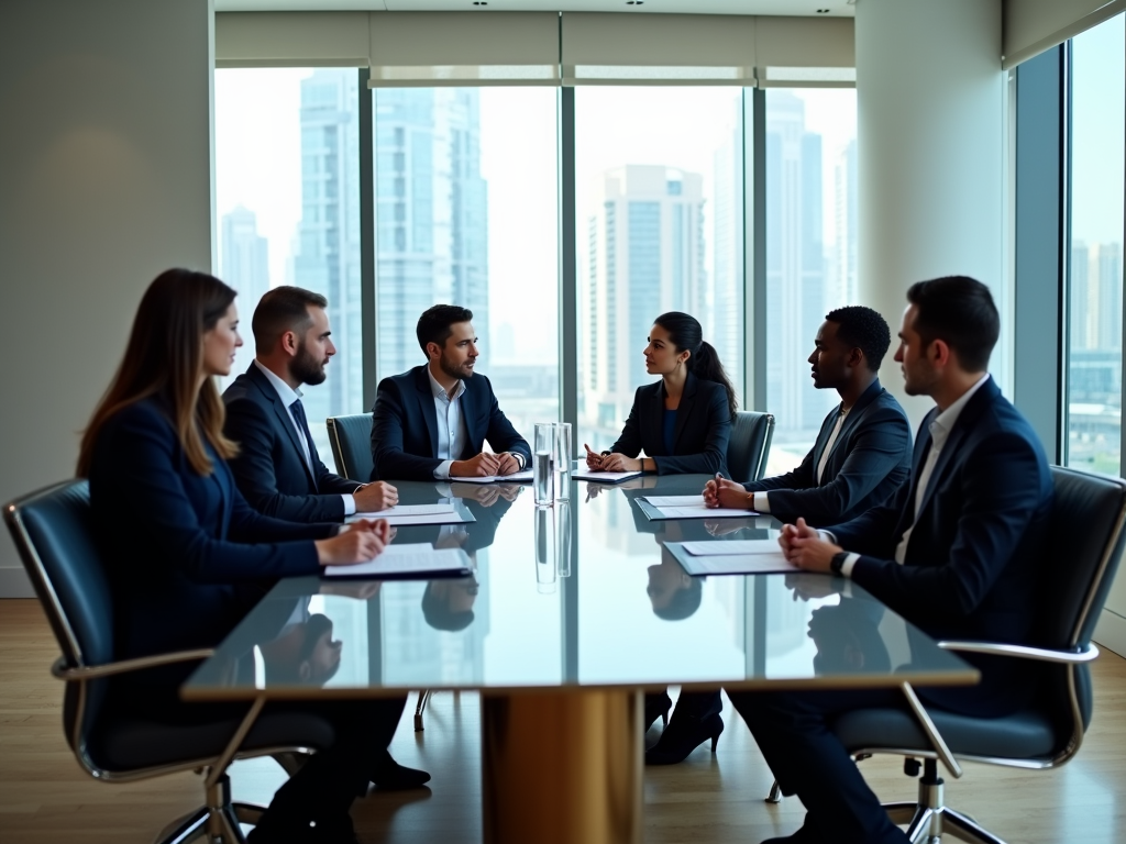 Business professionals in a meeting at a conference table with cityscape view.