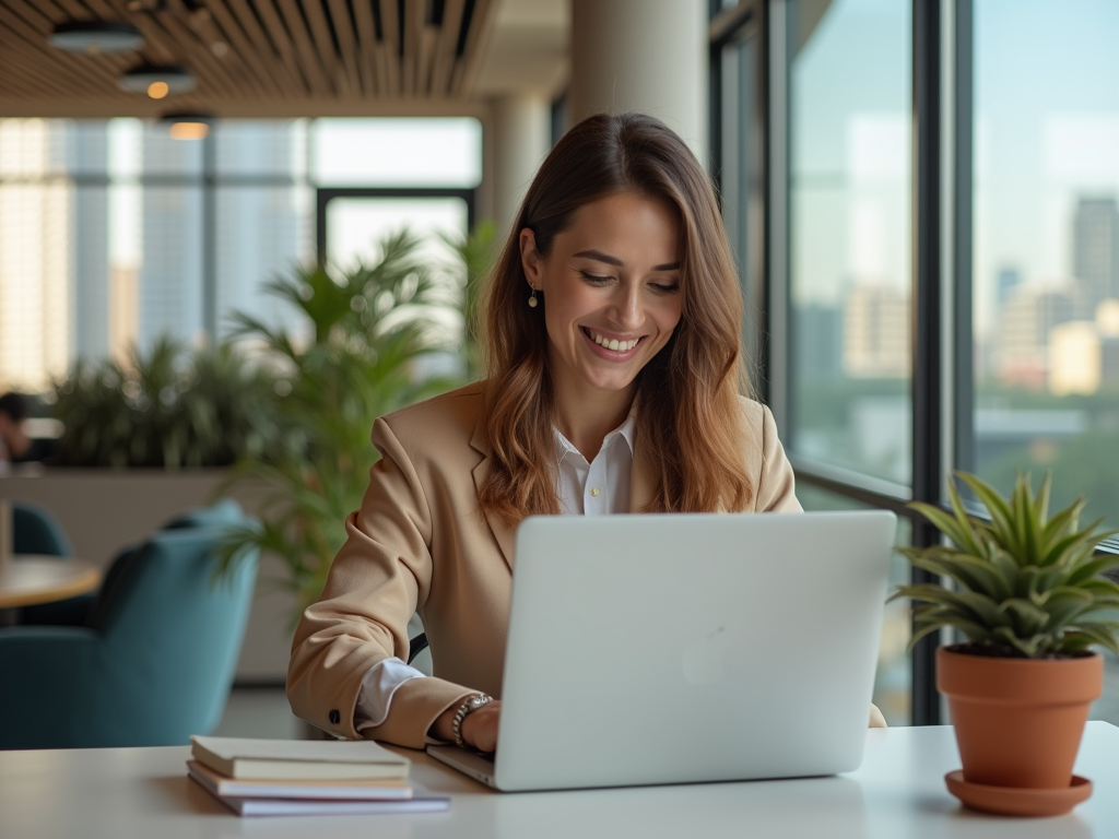 A smiling woman working on a laptop in a modern office with city views.