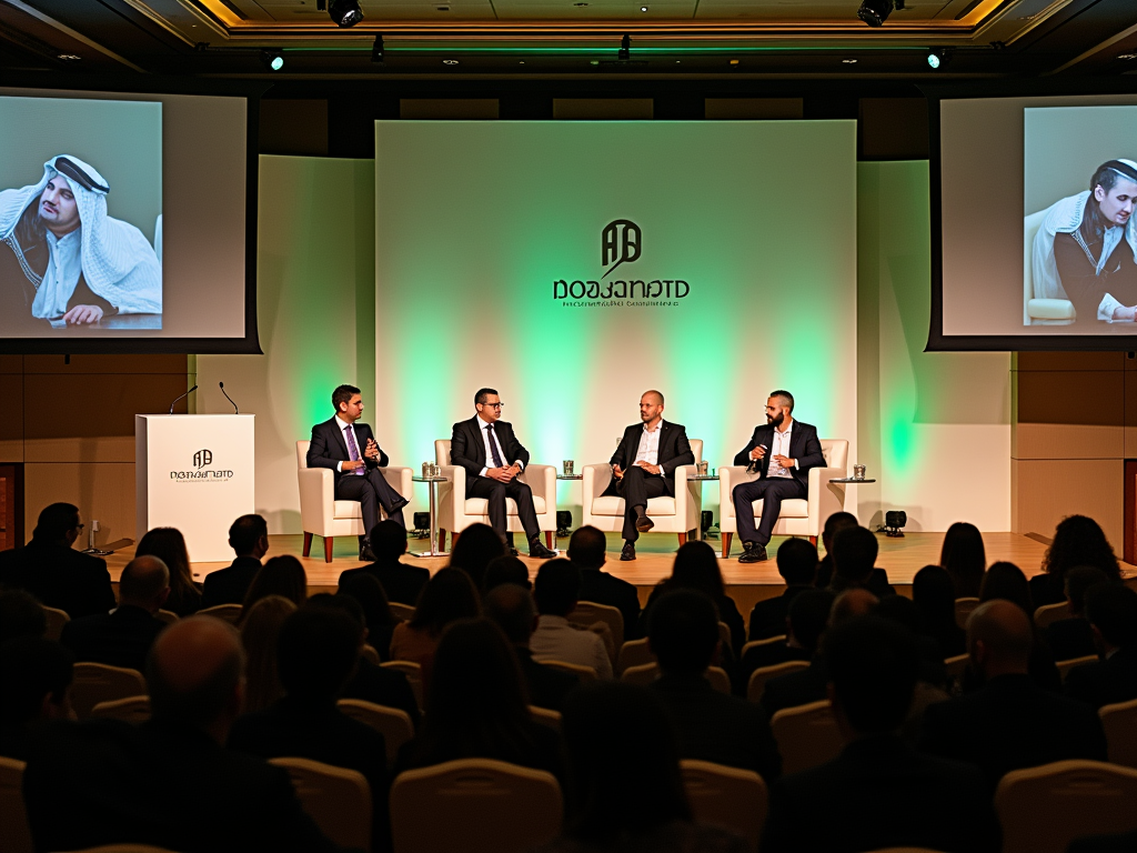 Panel discussion at a business conference with four male speakers and audience. Large screens show logos and participants.
