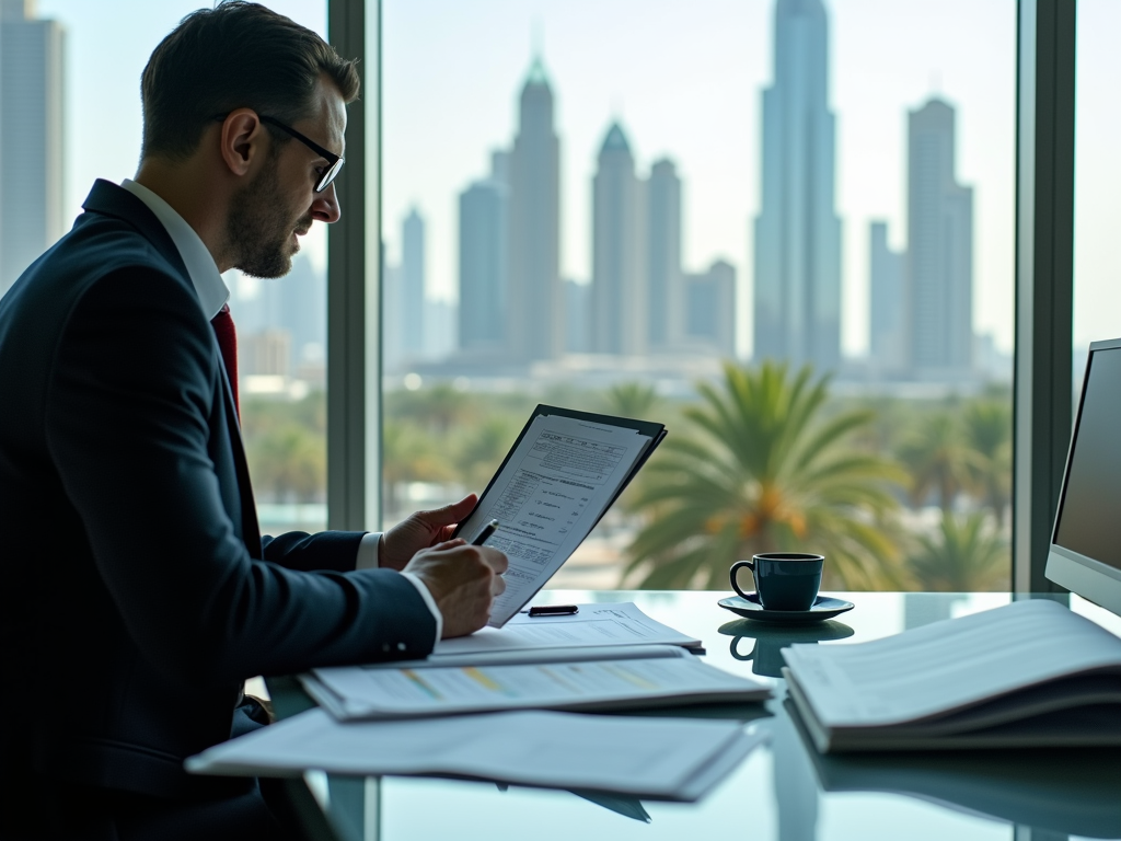 Businessman reviewing documents with city skyline in background through office window.