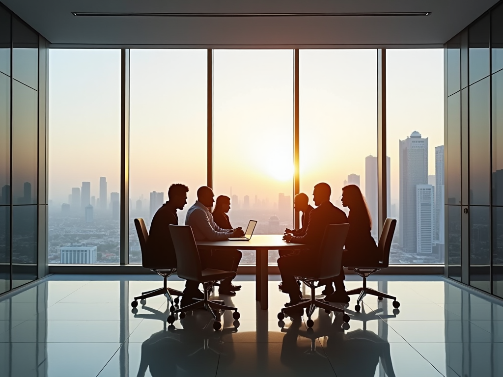 Silhouetted professionals in a meeting, background of city skyline at sunrise, viewed through large window.