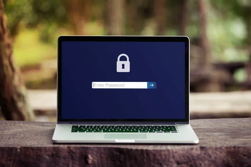 A laptop displaying a password entry screen with a lock icon.