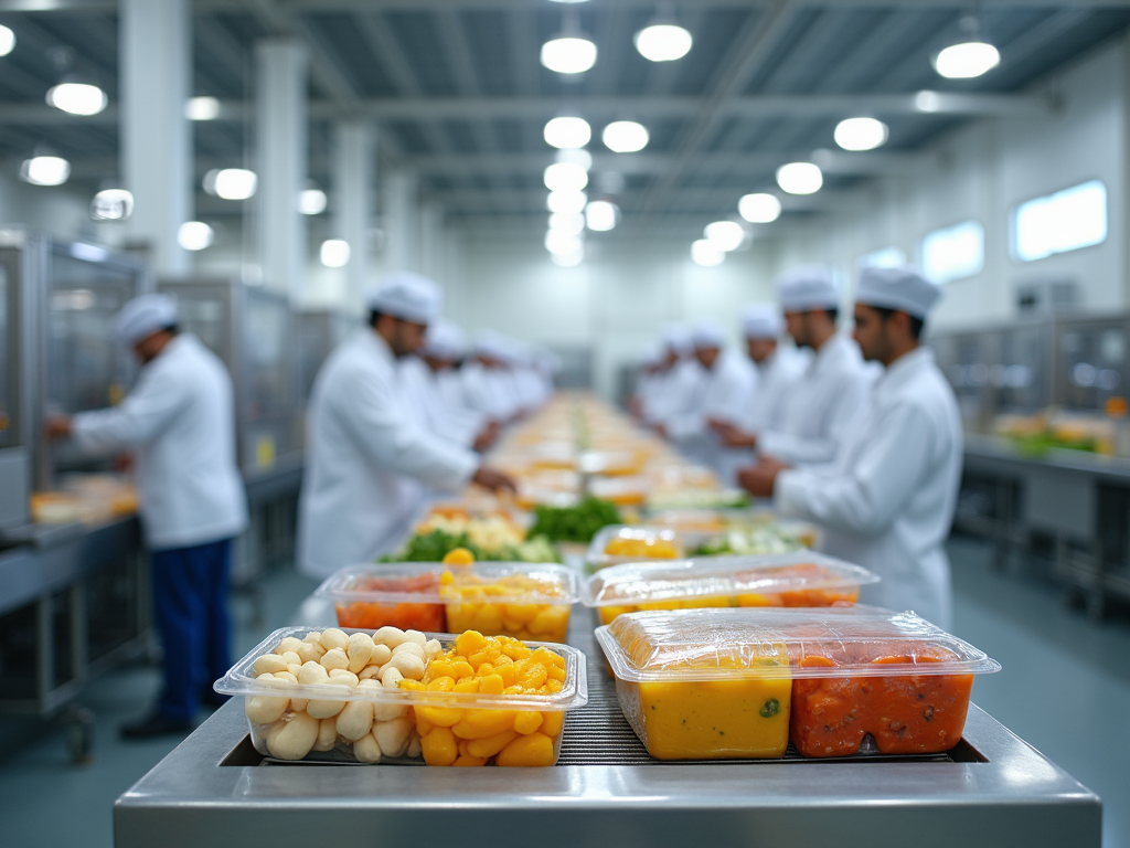 A busy kitchen with chefs in white uniforms preparing food, featuring various colorful dishes neatly arranged.