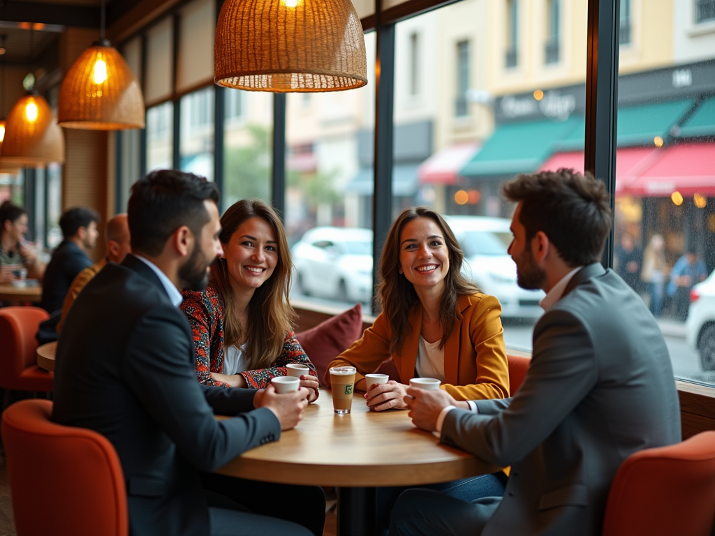 Four people chat happily over coffee in a cozy cafe with hanging lanterns and a view of the street.