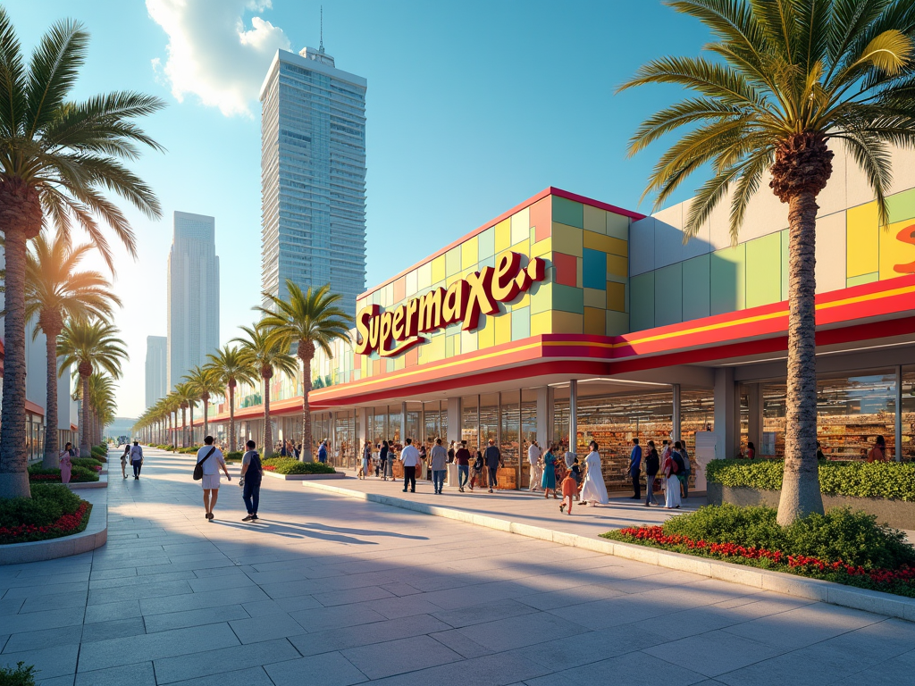 Colorful supermarket facade with people and palm trees under a sunny sky, flanked by modern skyscrapers.