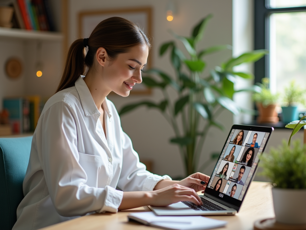 A young woman in a white shirt smiles while participating in a video call on her laptop at home, surrounded by plants.