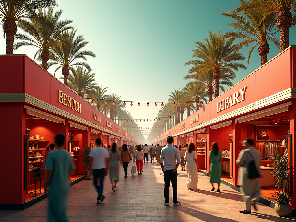 People walk along an outdoor mall lined with palm trees and red shops under a clear sky.