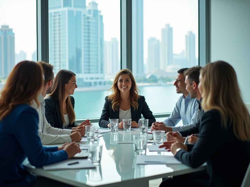 Business meeting with six professionals around a table in a room with a city skyline view.