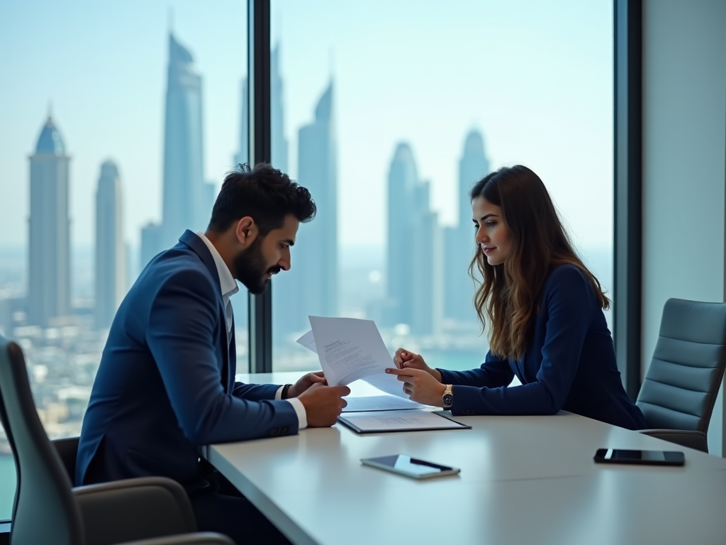 Two professionals discussing documents in a high-rise office with city skyline in background.