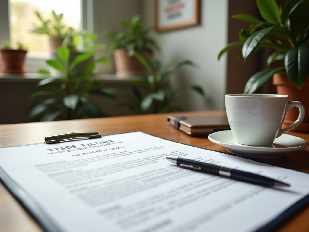 Trade license on a desk with pens and a cup of coffee, indoor plants in the background.