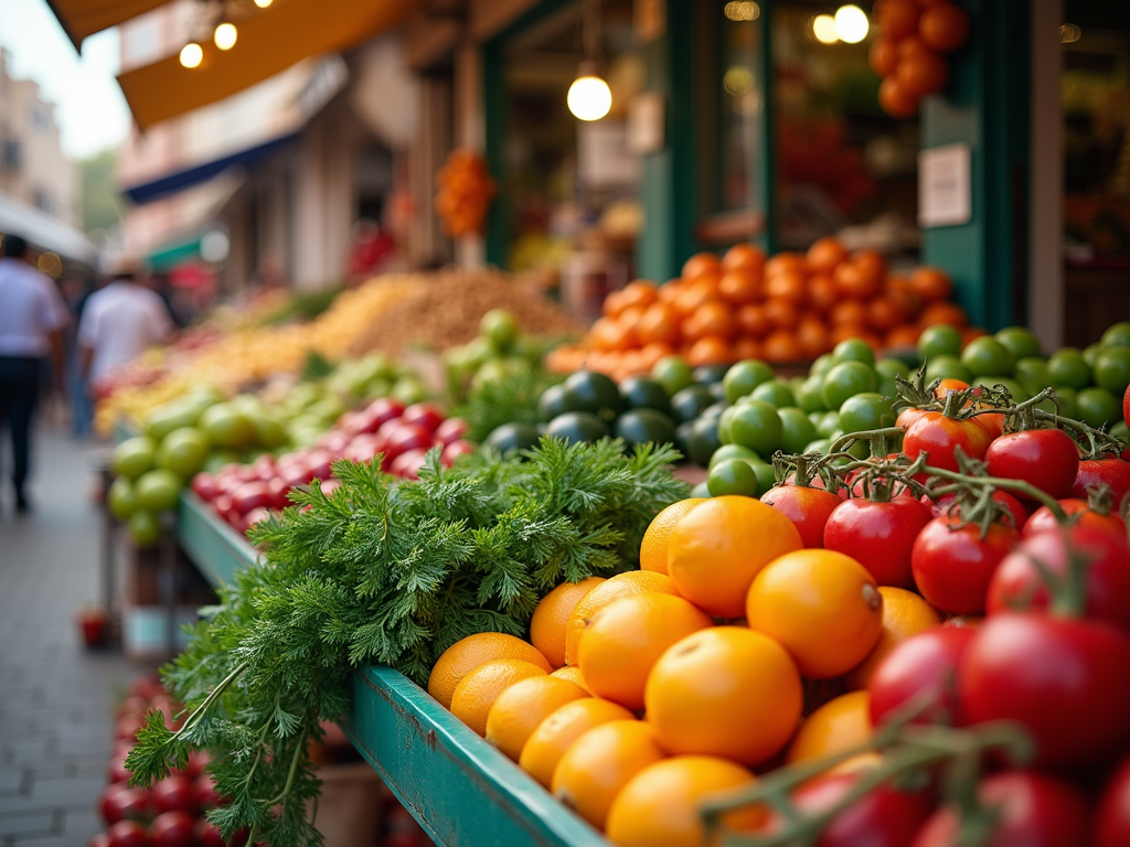 A vibrant market display featuring fresh oranges, tomatoes, greens, and various colorful fruits and vegetables.