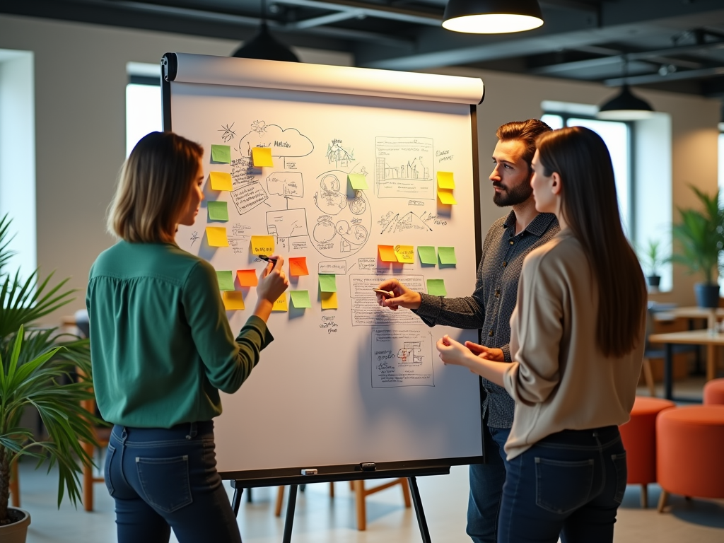 Three people discuss ideas around a whiteboard covered in colorful sticky notes in a modern office setting.