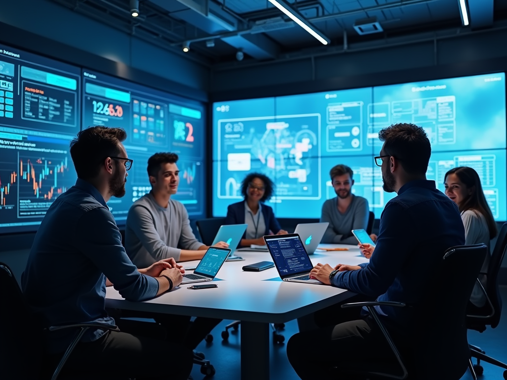 Five professionals collaborating in a high-tech control room with multiple screens displaying data.