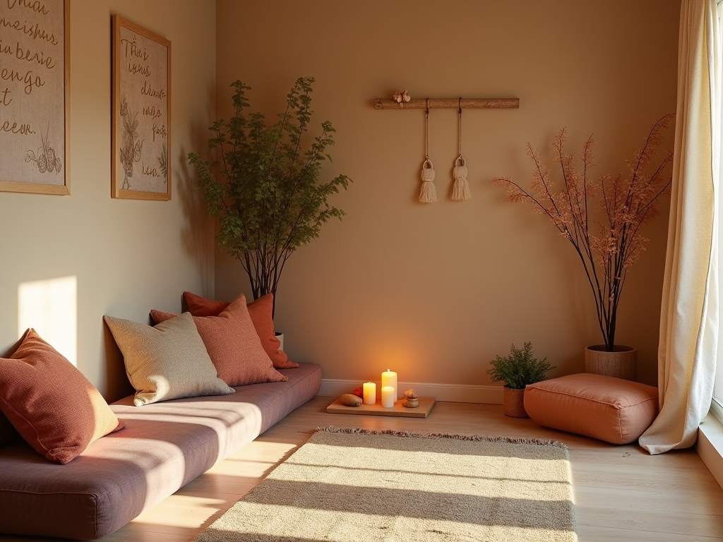 Cozy meditation room with cushions, candles, and plants, bathed in warm sunlight.