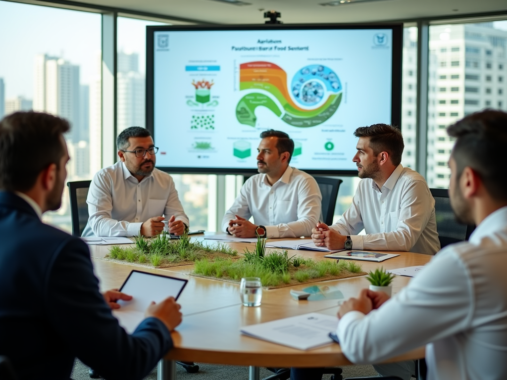 A group of professionals discusses agricultural innovations in a modern meeting room with a presentation displayed.