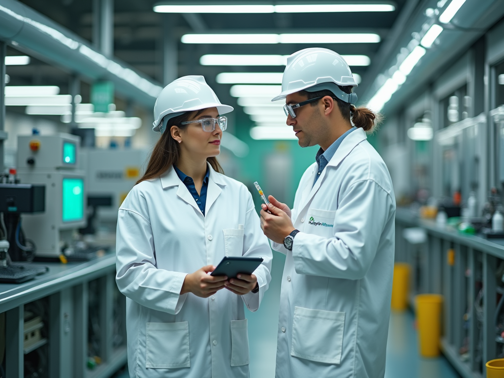 Two researchers in lab coats and helmets discuss findings in a modern lab, using a tablet and a test tube.