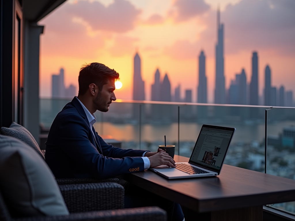 A man in a suit works on a laptop at sunset, overlooking a city skyline from a balcony.