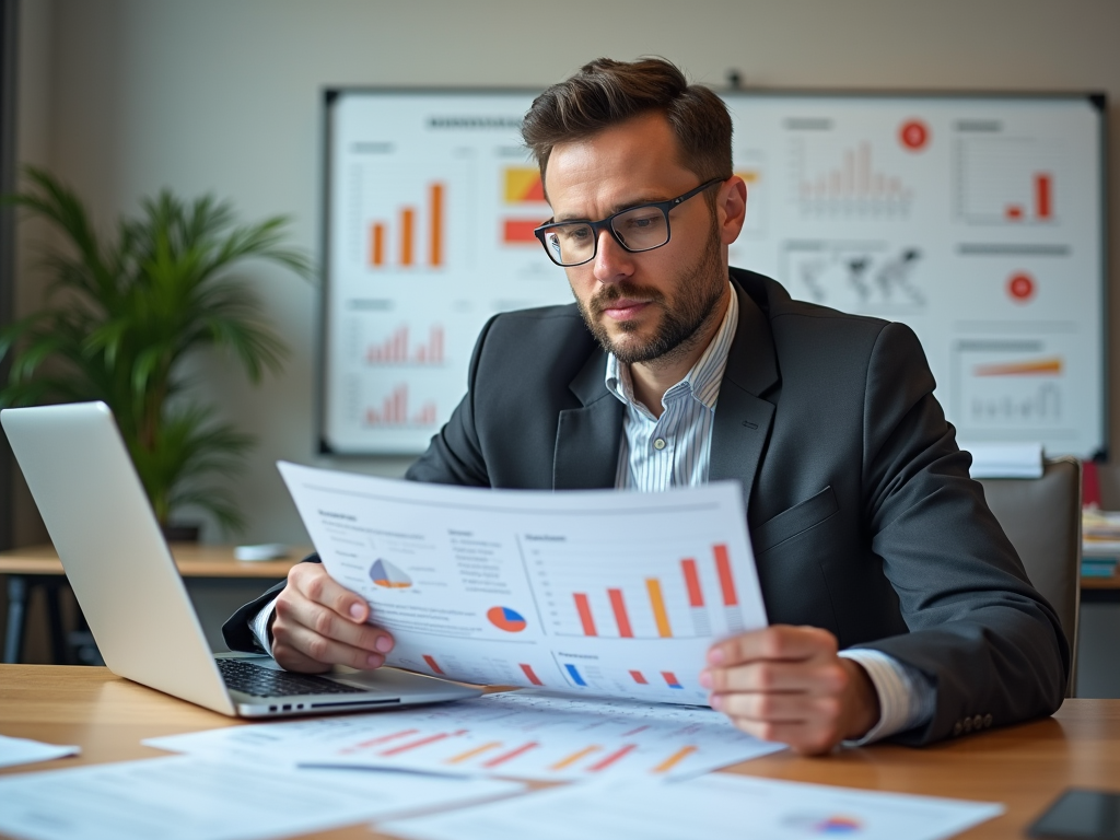 Businessman analyzing financial documents at office desk with laptop and data charts.