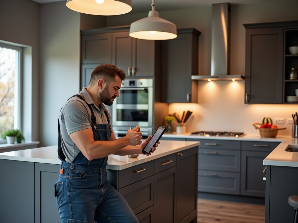 A man in overalls stands in a modern kitchen, using a tablet while leaning against a counter.