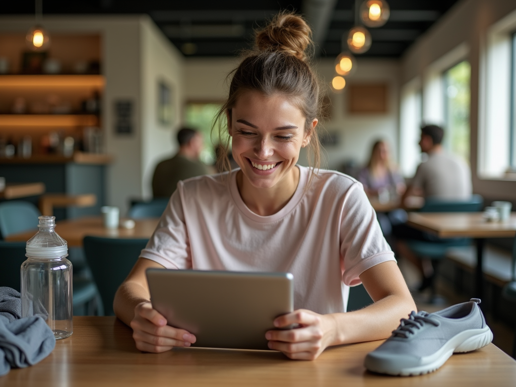 A young woman smiles at a tablet while sitting in a cozy café, with a water bottle and shoe nearby.