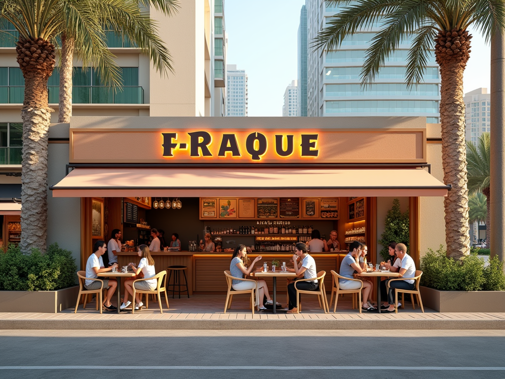 Outdoor cafe "F-RACQUE" with people dining under palm trees in a sunny urban setting.