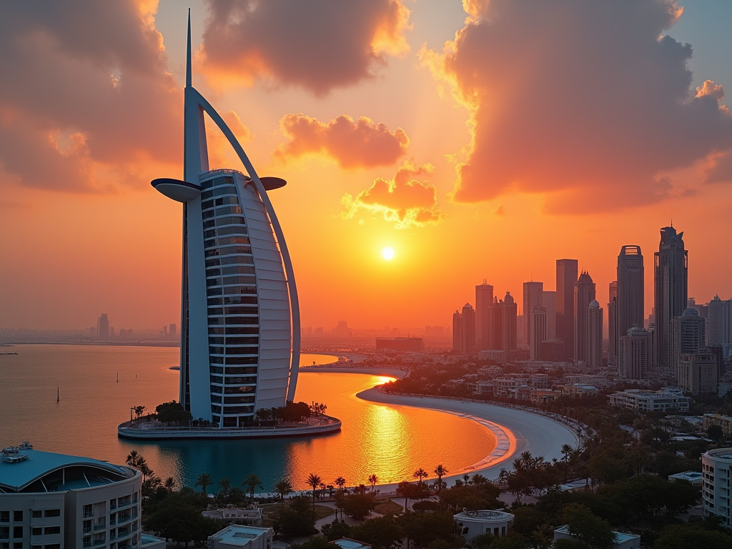 Sunset over Dubai skyline with iconic Burj Al Arab and serene coastline.