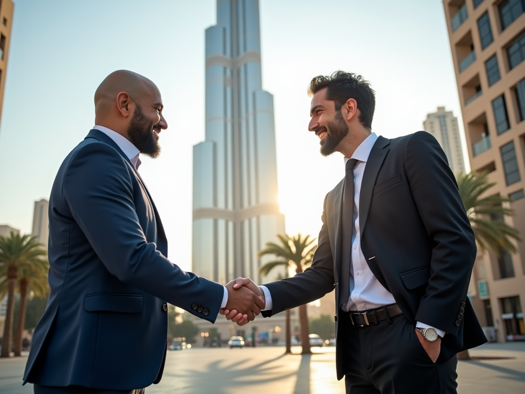 Two businessmen shaking hands in a city with tall buildings in the background.