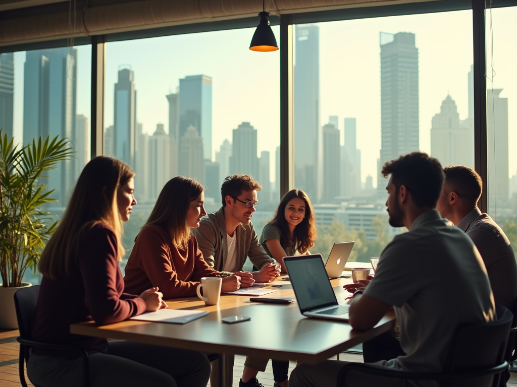 A group of young professionals meet around a table with laptops, discussing ideas against a city skyline backdrop.