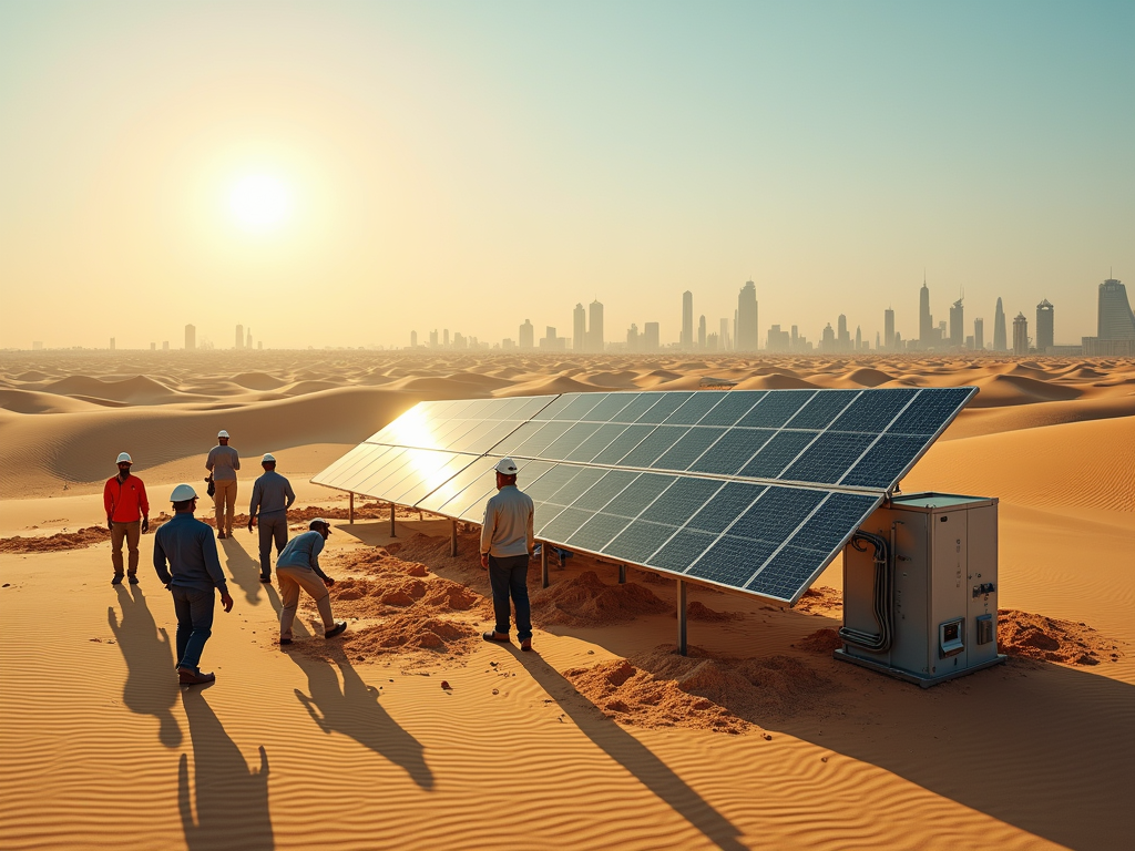 Workers install solar panels in a desert with a city skyline in the background, illuminated by the setting sun.