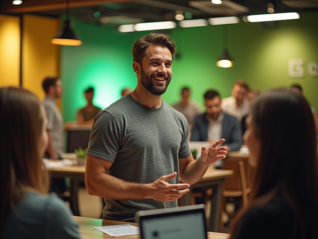 Smiling man speaking with a woman in a busy office environment.