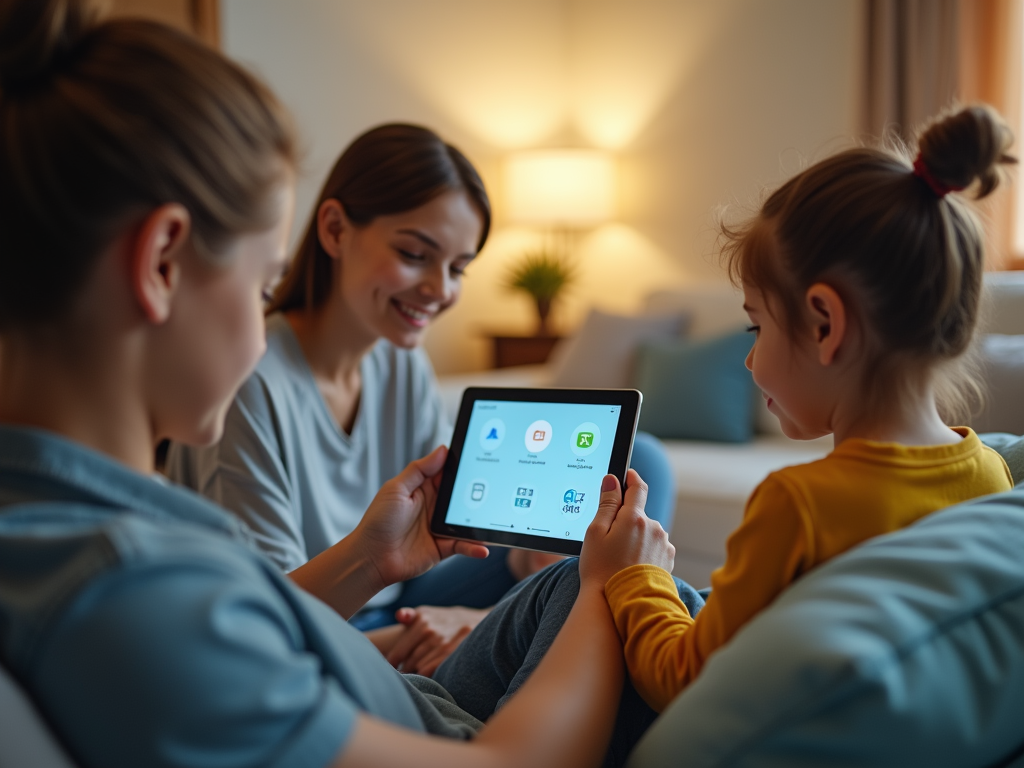 A mother and daughter are sitting together, engaging with a tablet, smiling in a cozy living room setting.