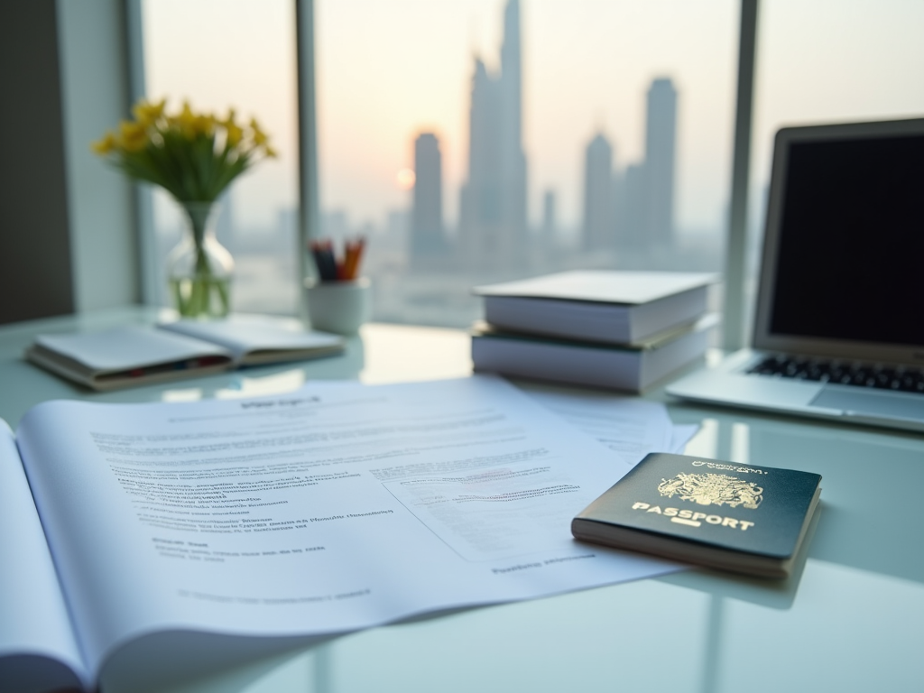 Modern office desk with passport, documents, laptop, and a view of city skyscrapers in the background.