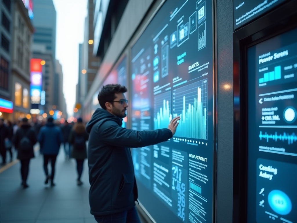 A person interacts with a digital display showing data visualizations in a busy urban setting.