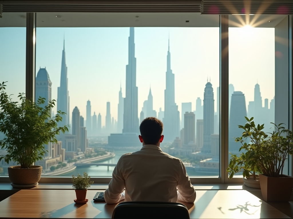 Man in office looking at skyline with towering buildings and sunset through window.