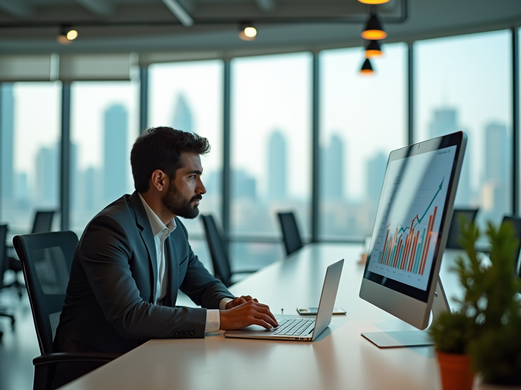 Man analyzing data on computer in modern office with cityscape background.