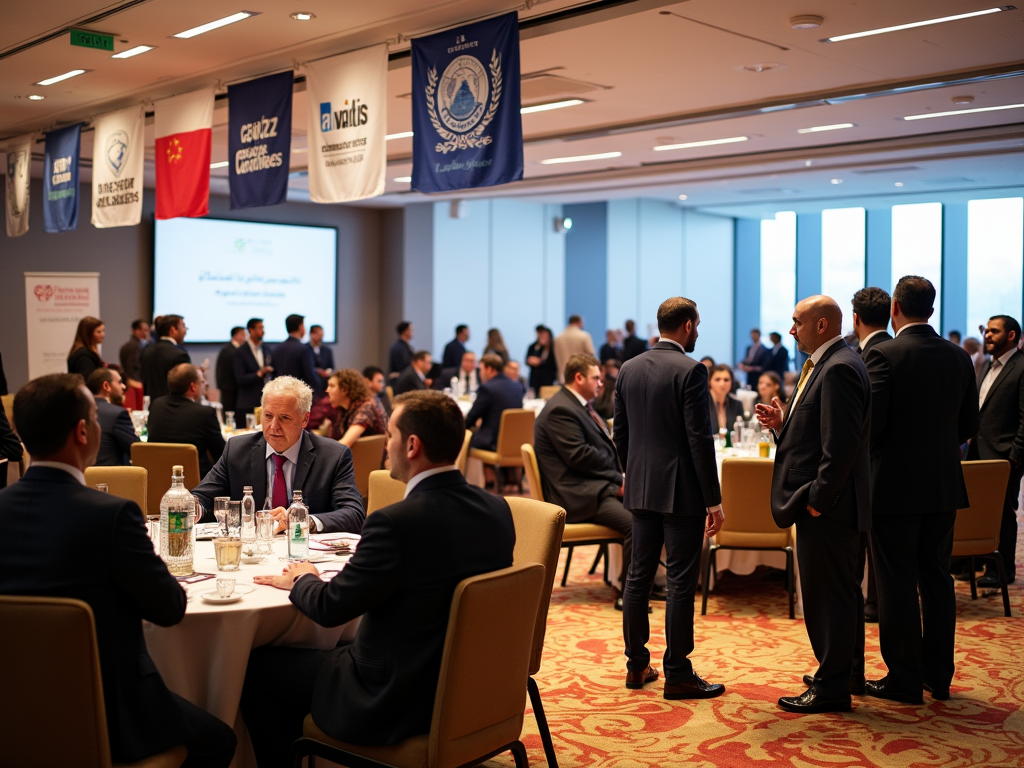 Business professionals networking at a conference with banners and presentation screen in background.