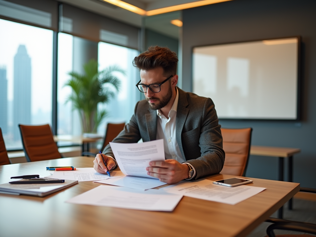 Businessman reviewing documents at office desk with cityscape in background.