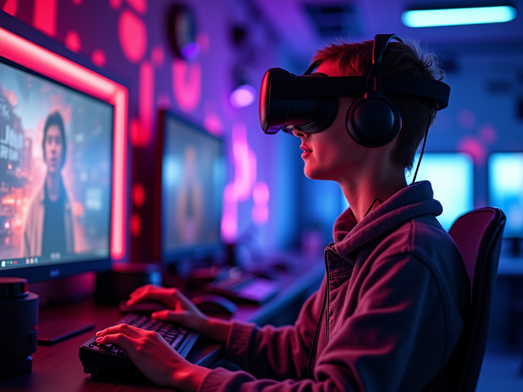 A young person wearing a VR headset sits at a computer, focused on the screen with vibrant lighting around.