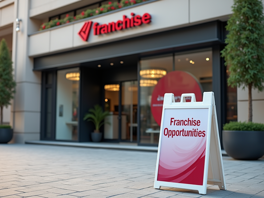 Front view of a Franchise storefront with a signboard reading "Franchise Opportunities."