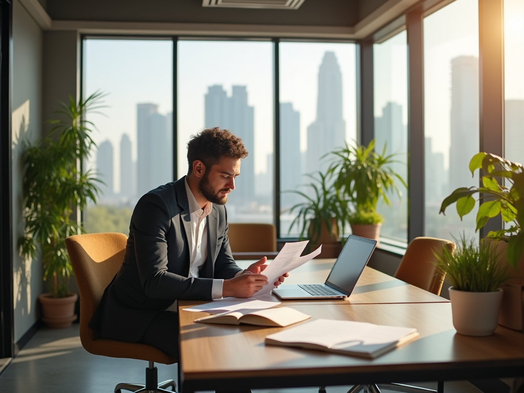 Businessman reviewing documents in sunlit office with cityscape view.