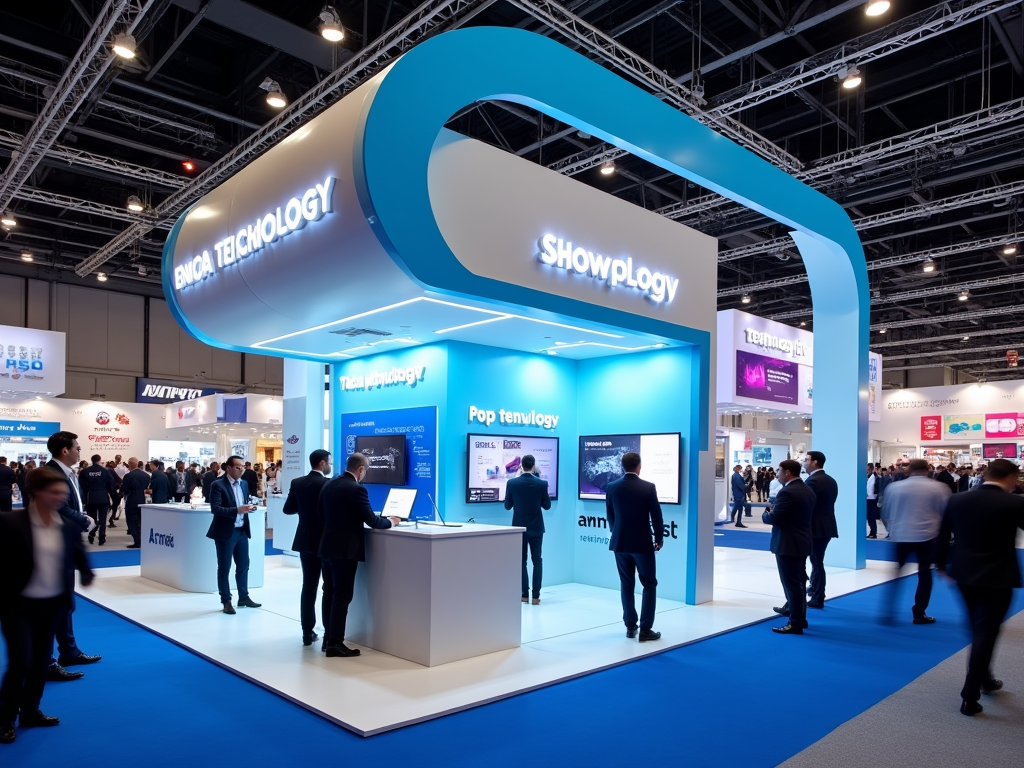 Blue and white technology expo booth with people interacting and digital displays.