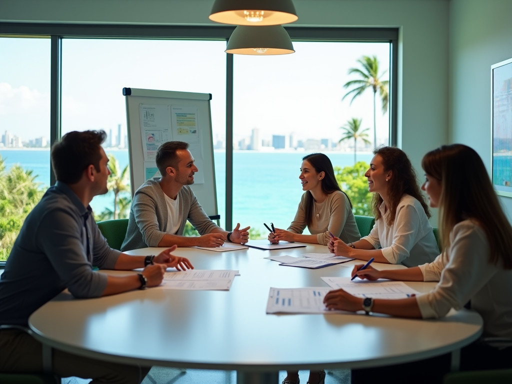 Group of five professionals engaged in a meeting around a table in a room overlooking the ocean.