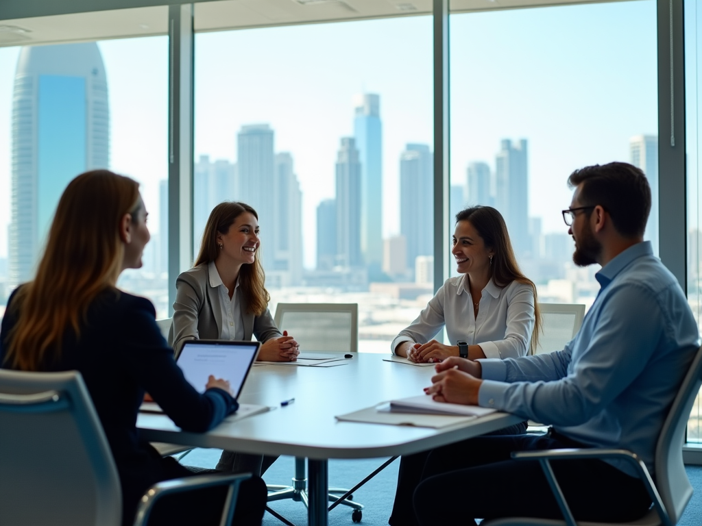 Four business professionals in a meeting with city skyline in background through large window.