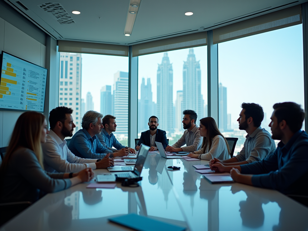 Business team in a meeting with city skyline view through window, discussing data on screens.